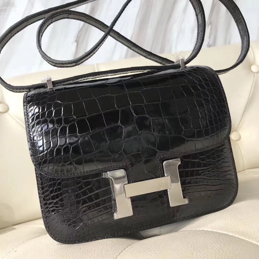 Fashion Hermes CK89 Black Shiny Crocodile Leather Constance18CM Shoulder Bag
