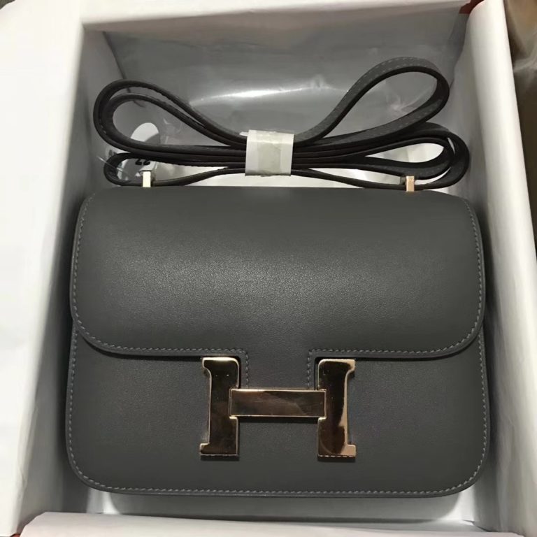 Hermes 8F Gris Etain Swift Leather Constance 18CM Bag Rose Gold Hardware