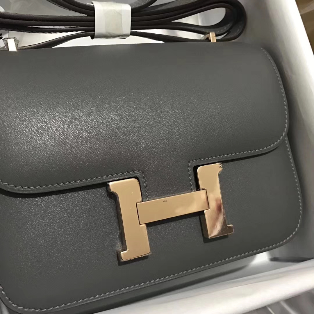 Elegant Hermes 8F Gris Etain Swift Leather Constance18CM Bag Rose Gold Hardware