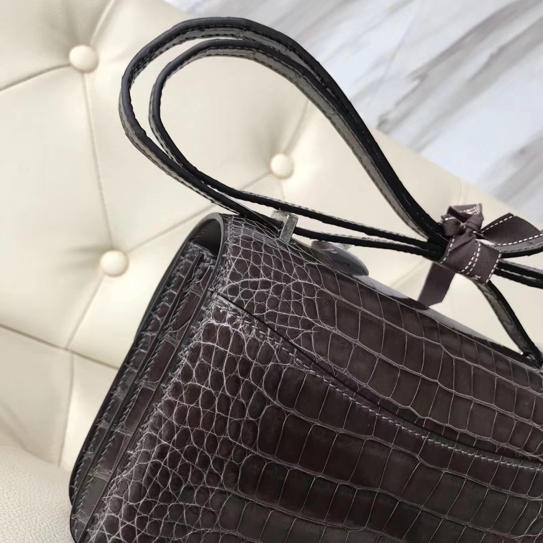 Discount Hermes CK88 Graphite Grey Shiny Crocodile Leather Constance Bag18CM Silver Hardware