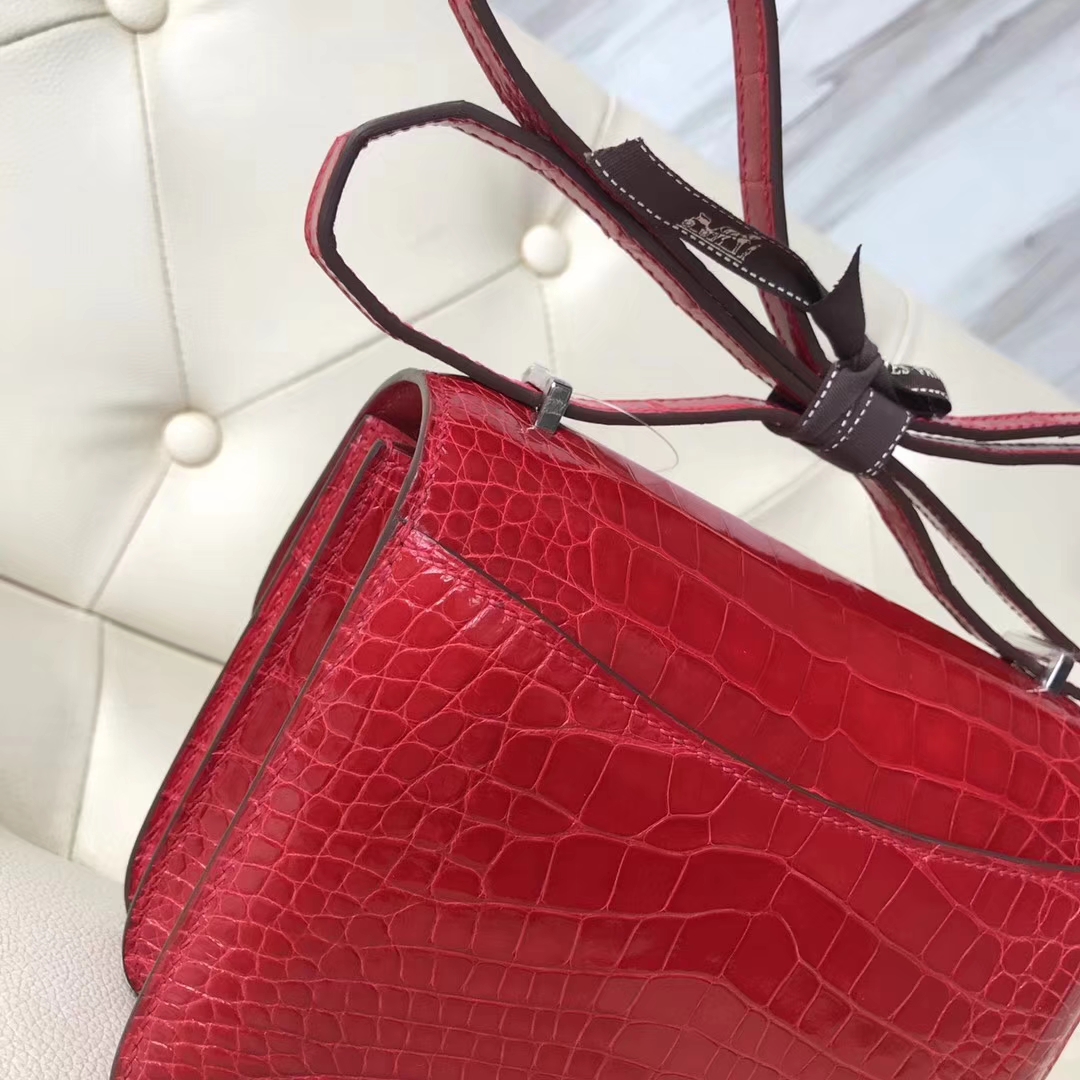 Pretty Hermes CK95 Braise Alligator Shiny Crocodile Constance Bag18CM Silver Hardware