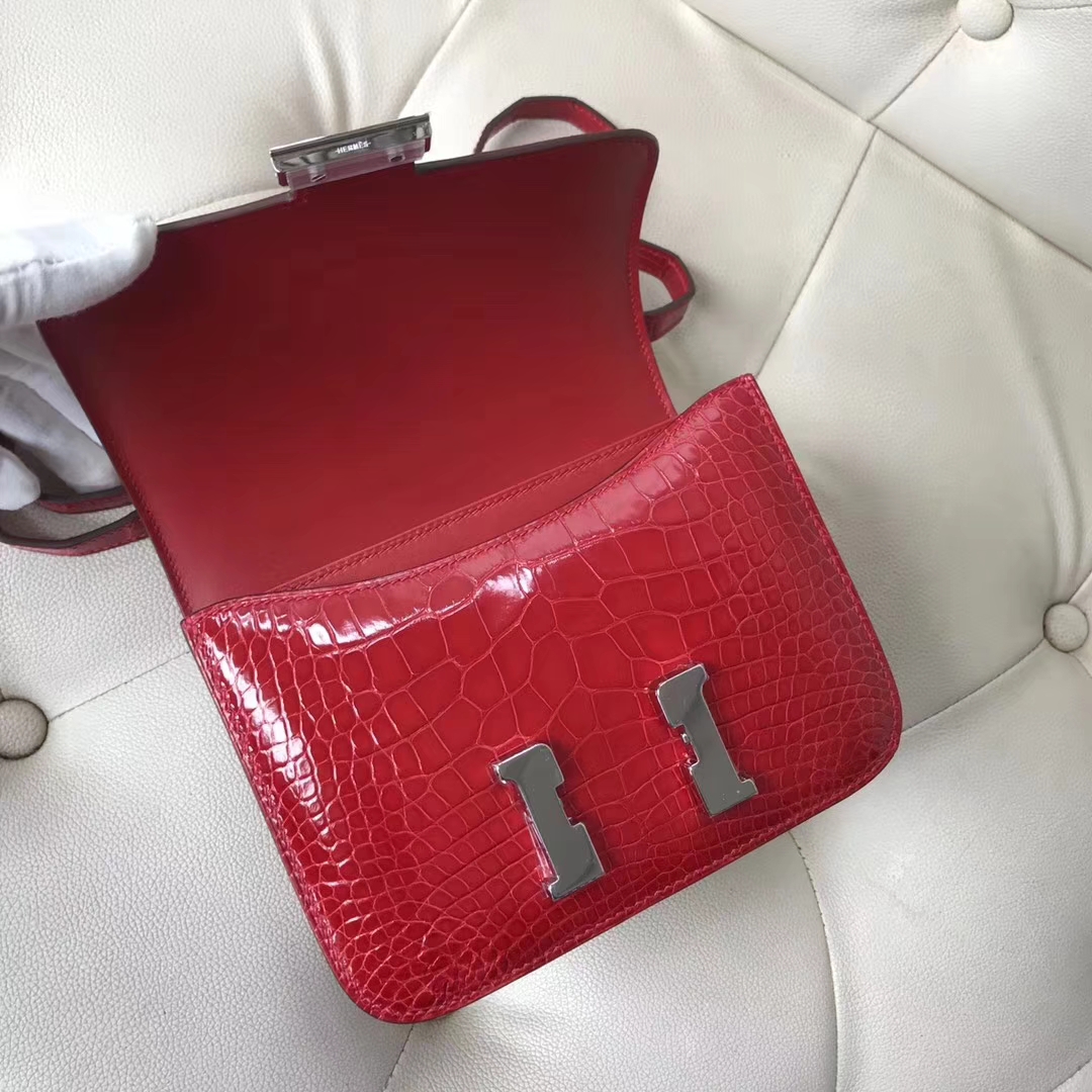 Pretty Hermes CK95 Braise Alligator Shiny Crocodile Constance Bag18CM Silver Hardware