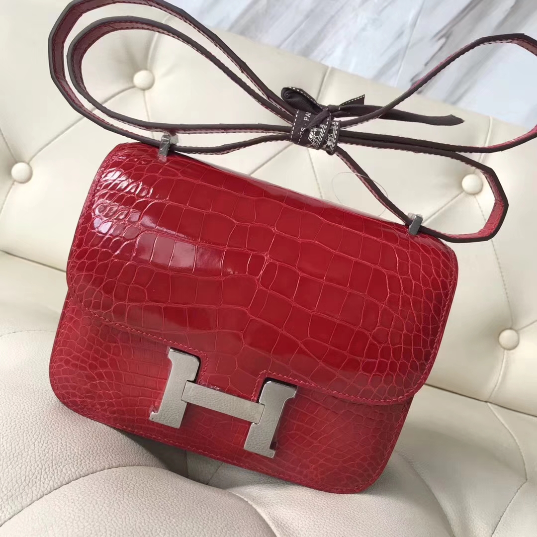 Pretty Hermes CK95 Braise Alligator Shiny Crocodile Constance Bag18CM Silver Hardware
