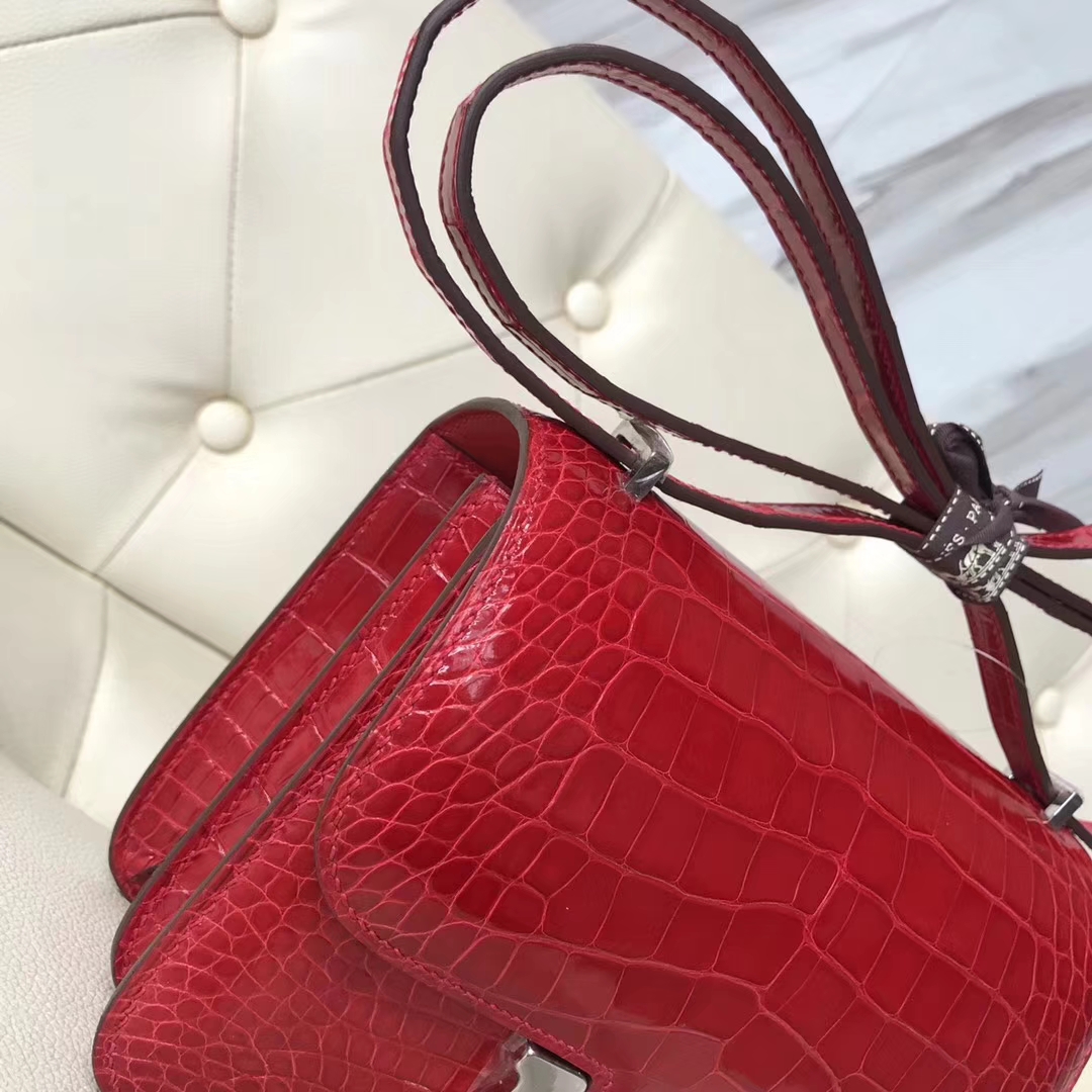 Pretty Hermes CK95 Braise Alligator Shiny Crocodile Constance Bag18CM Silver Hardware