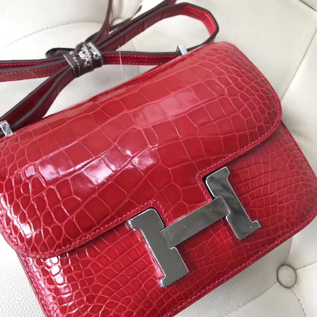 Pretty Hermes CK95 Braise Alligator Shiny Crocodile Constance Bag18CM Silver Hardware