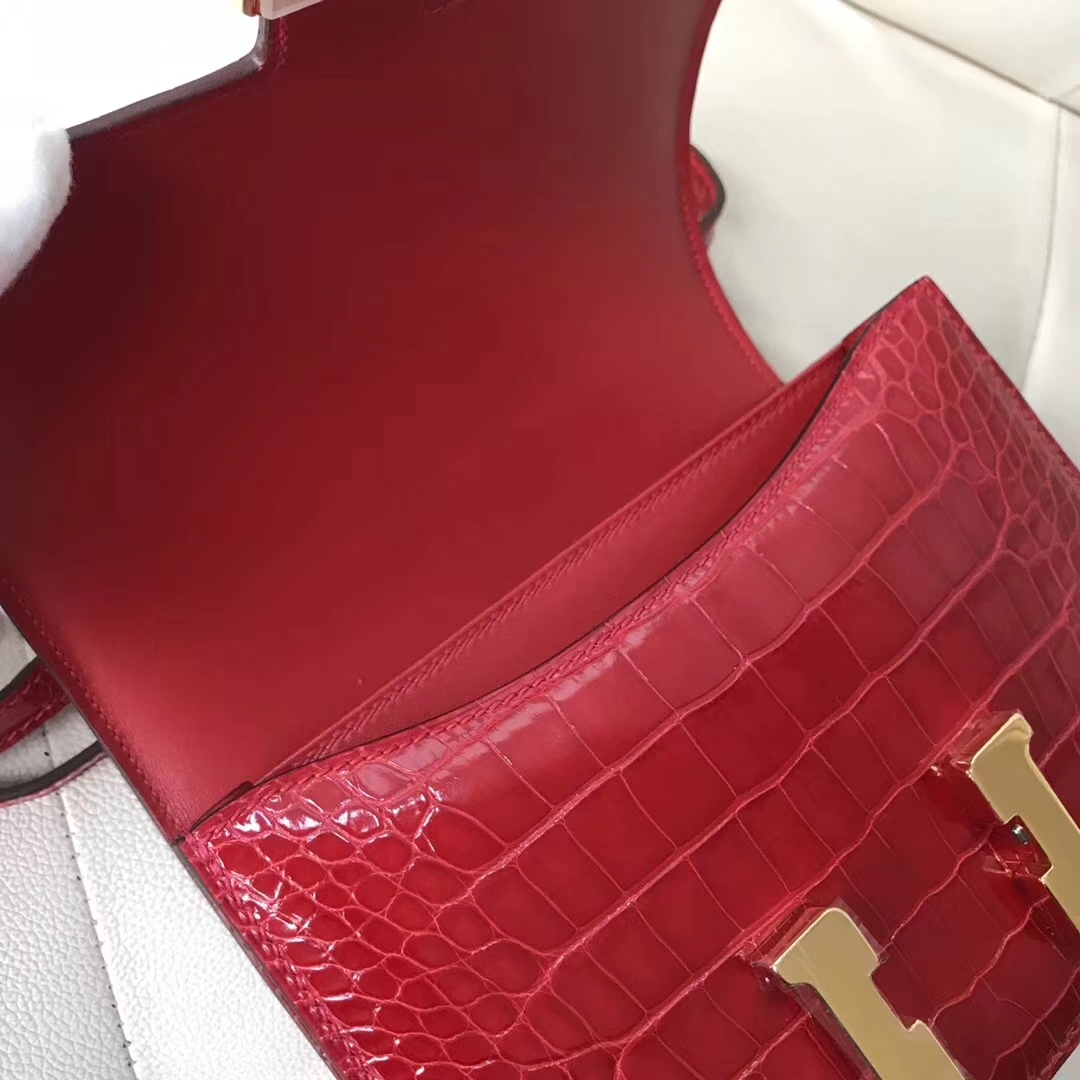 Wholesale Hermes Shiny Crocodile Leather Constance18CM Bag in CK95 Braise Gold Hardware
