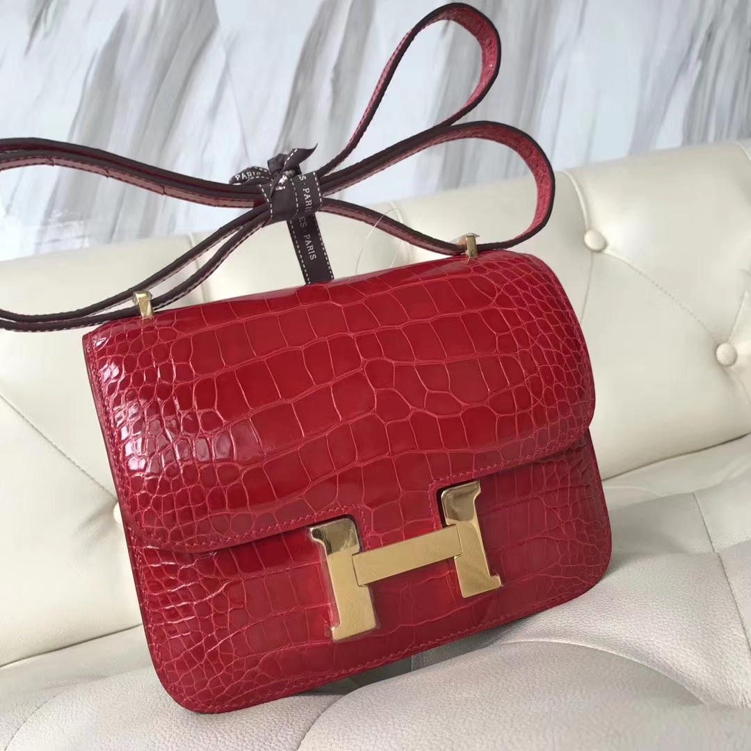 Wholesale Hermes Shiny Crocodile Leather Constance18CM Bag in CK95 Braise Gold Hardware