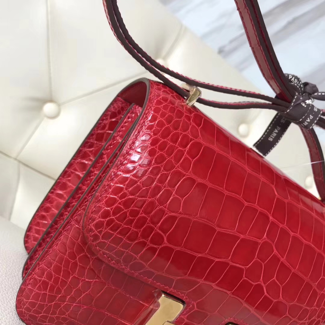 Wholesale Hermes Shiny Crocodile Leather Constance18CM Bag in CK95 Braise Gold Hardware