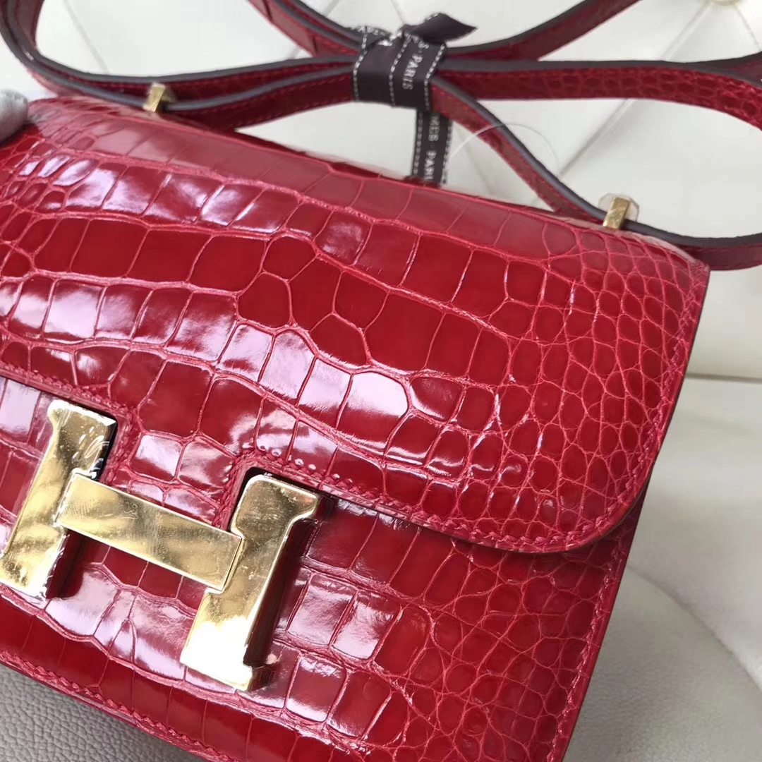 Wholesale Hermes Shiny Crocodile Leather Constance18CM Bag in CK95 Braise Gold Hardware
