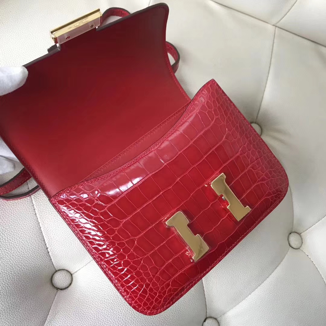 Wholesale Hermes Shiny Crocodile Leather Constance18CM Bag in CK95 Braise Gold Hardware