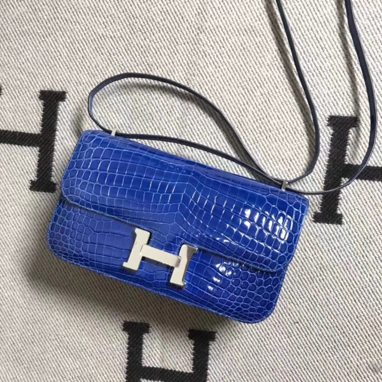 Hermes Blue Mykonos Shiny Crocodile Leather Constance 26CM Bag Silver Hardware