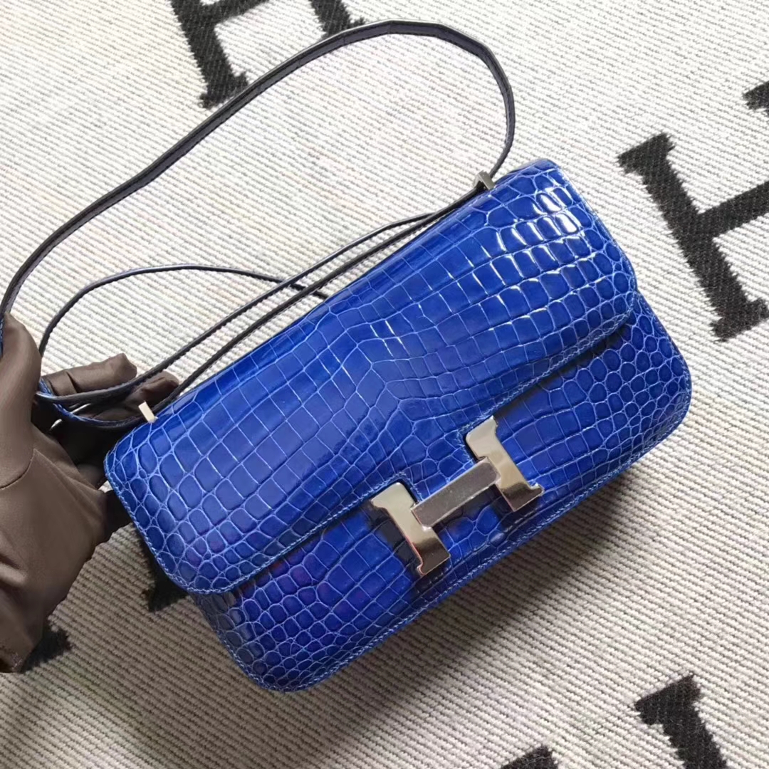 Fashion Hermes Blue Mykonos Shiny Crocodile Leather Constance26CM Bag Silver Hardware