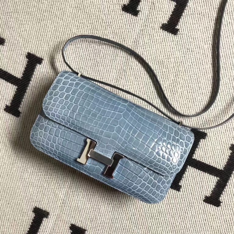 Hermes Shiny Crocodile Constance Bag 26CM in Blue Jean Silver Hardware