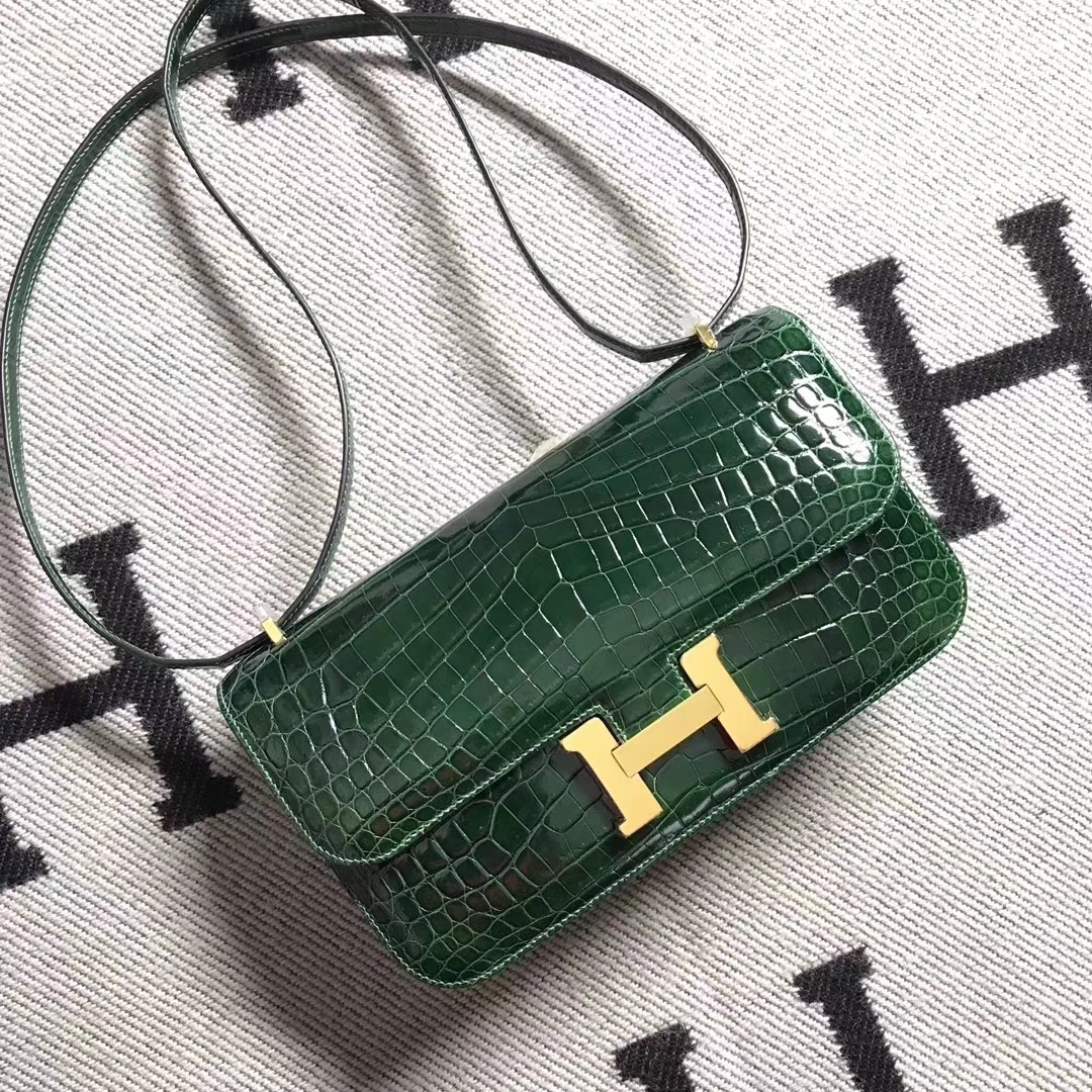 Noble Hermes CK67 Vert Fonce Shiny Crocodile Leather Constance Bag26CM Gold Hardware