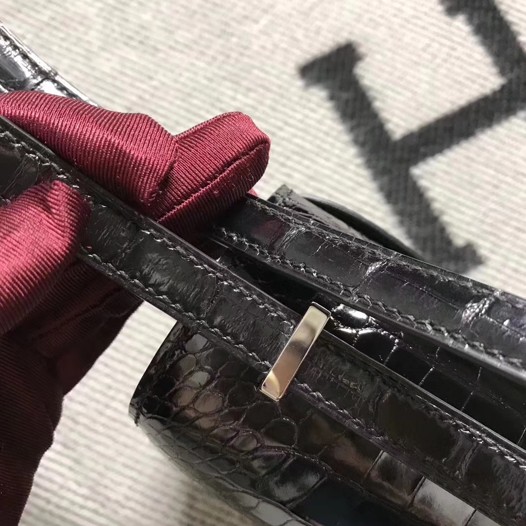 Wholesale Hermes Shiny Crocodile Leather Constance Bag19CM in Black Silver Hardware