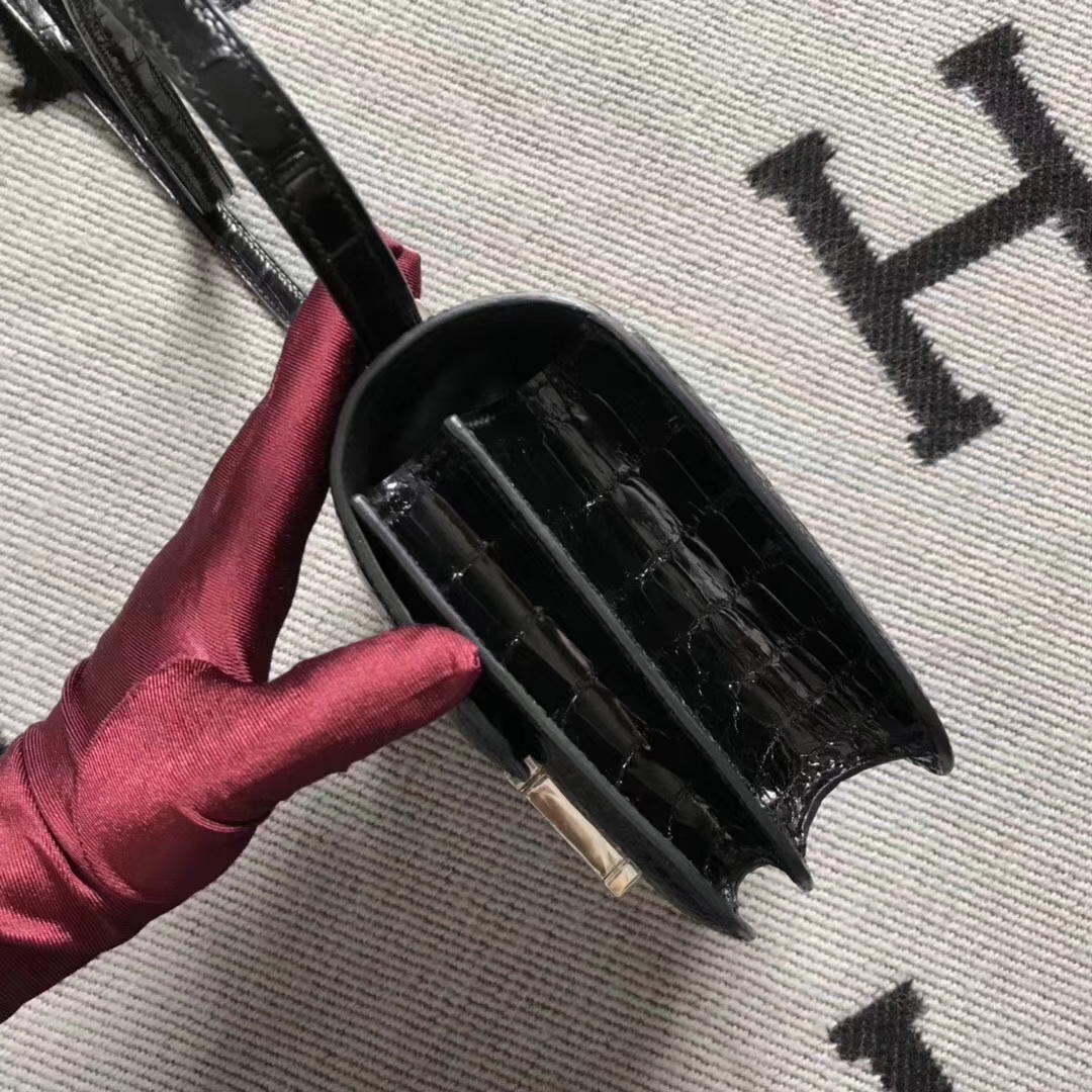 Wholesale Hermes Shiny Crocodile Leather Constance Bag19CM in Black Silver Hardware