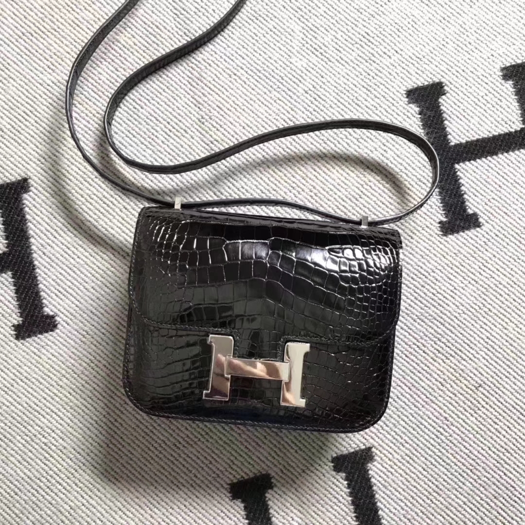 Wholesale Hermes Shiny Crocodile Leather Constance Bag19CM in Black Silver Hardware