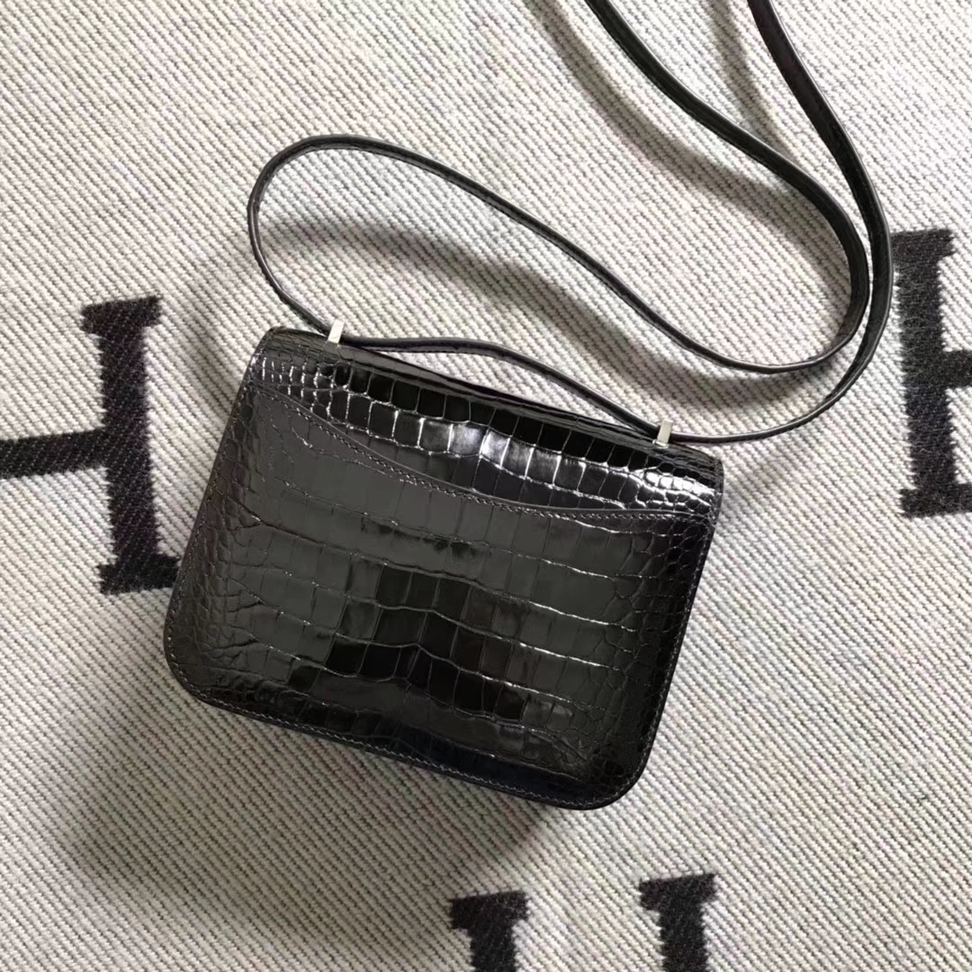Wholesale Hermes Shiny Crocodile Leather Constance Bag19CM in Black Silver Hardware