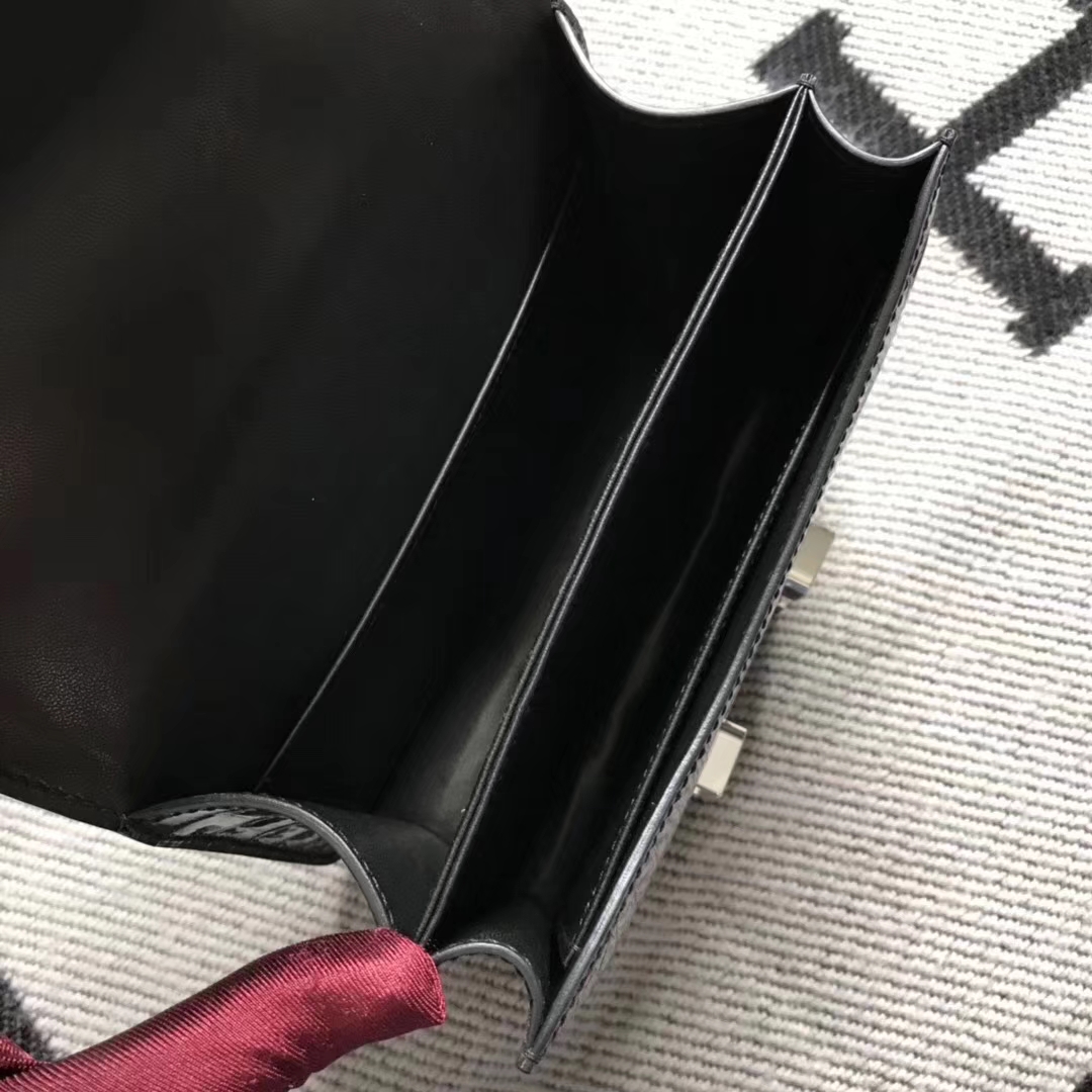 Wholesale Hermes Shiny Crocodile Leather Constance Bag19CM in Black Silver Hardware