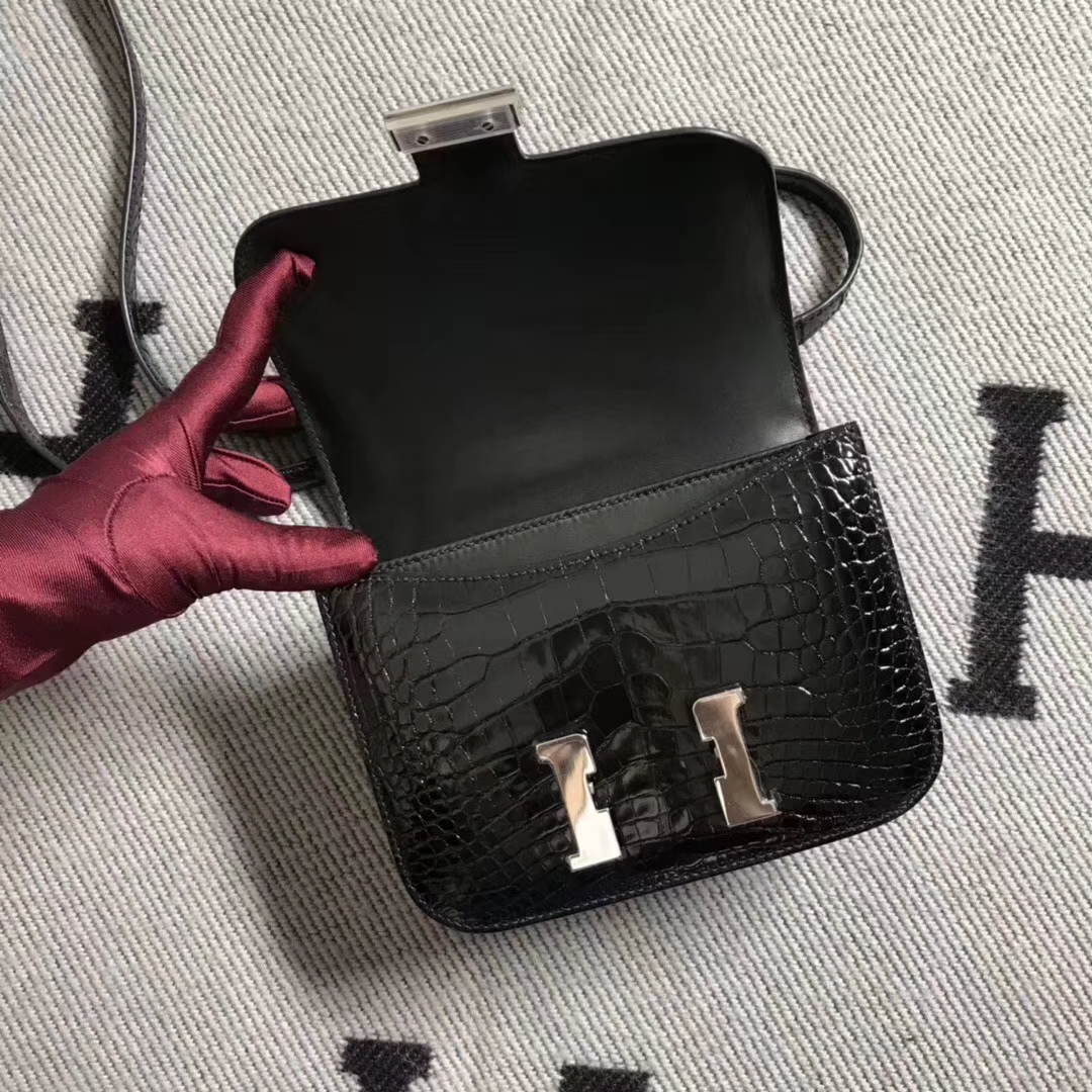 Wholesale Hermes Shiny Crocodile Leather Constance Bag19CM in Black Silver Hardware