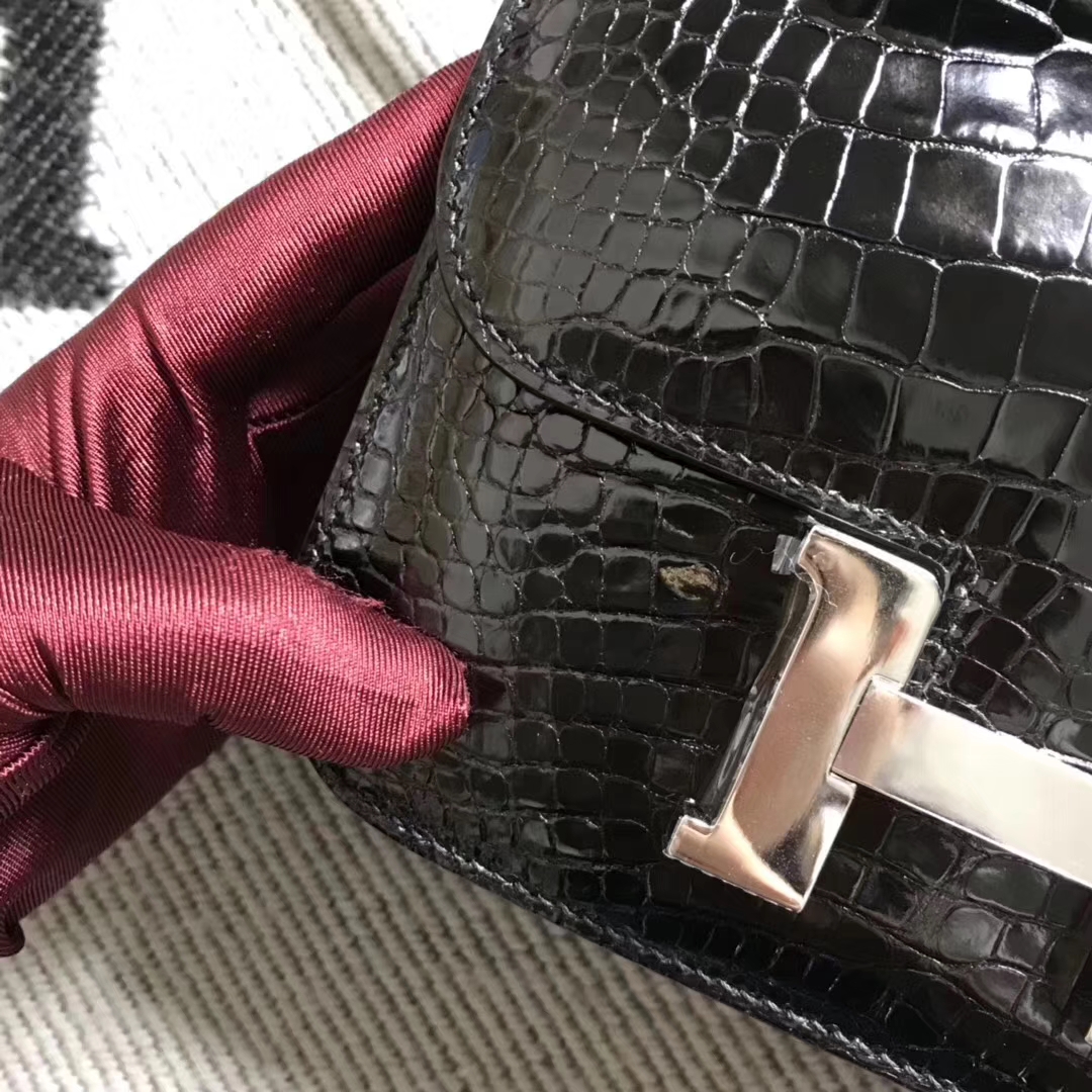 Wholesale Hermes Shiny Crocodile Leather Constance Bag19CM in Black Silver Hardware