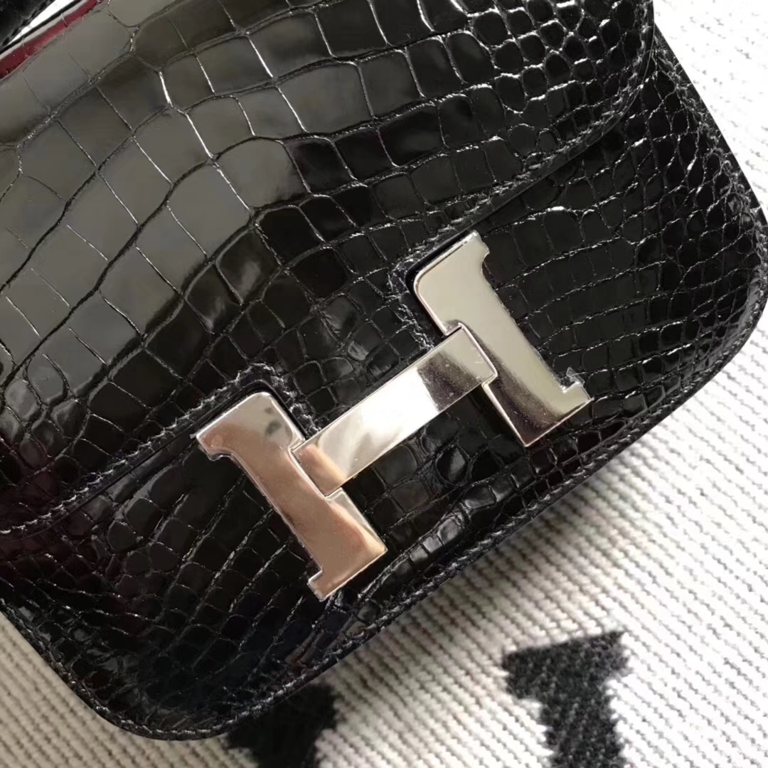 Wholesale Hermes Shiny Crocodile Leather Constance Bag19CM in Black Silver Hardware