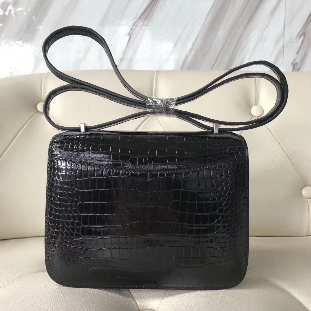 Fashion Hermes CK89 Noir Porosus Shiny Crocodile Constance18CM Bag Silver Hardware