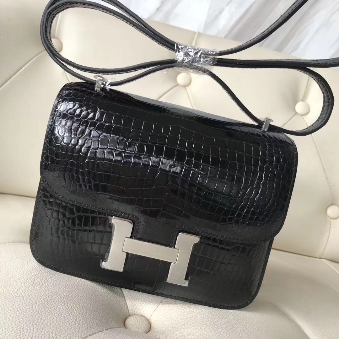 Fashion Hermes CK89 Noir Porosus Shiny Crocodile Constance18CM Bag Silver Hardware