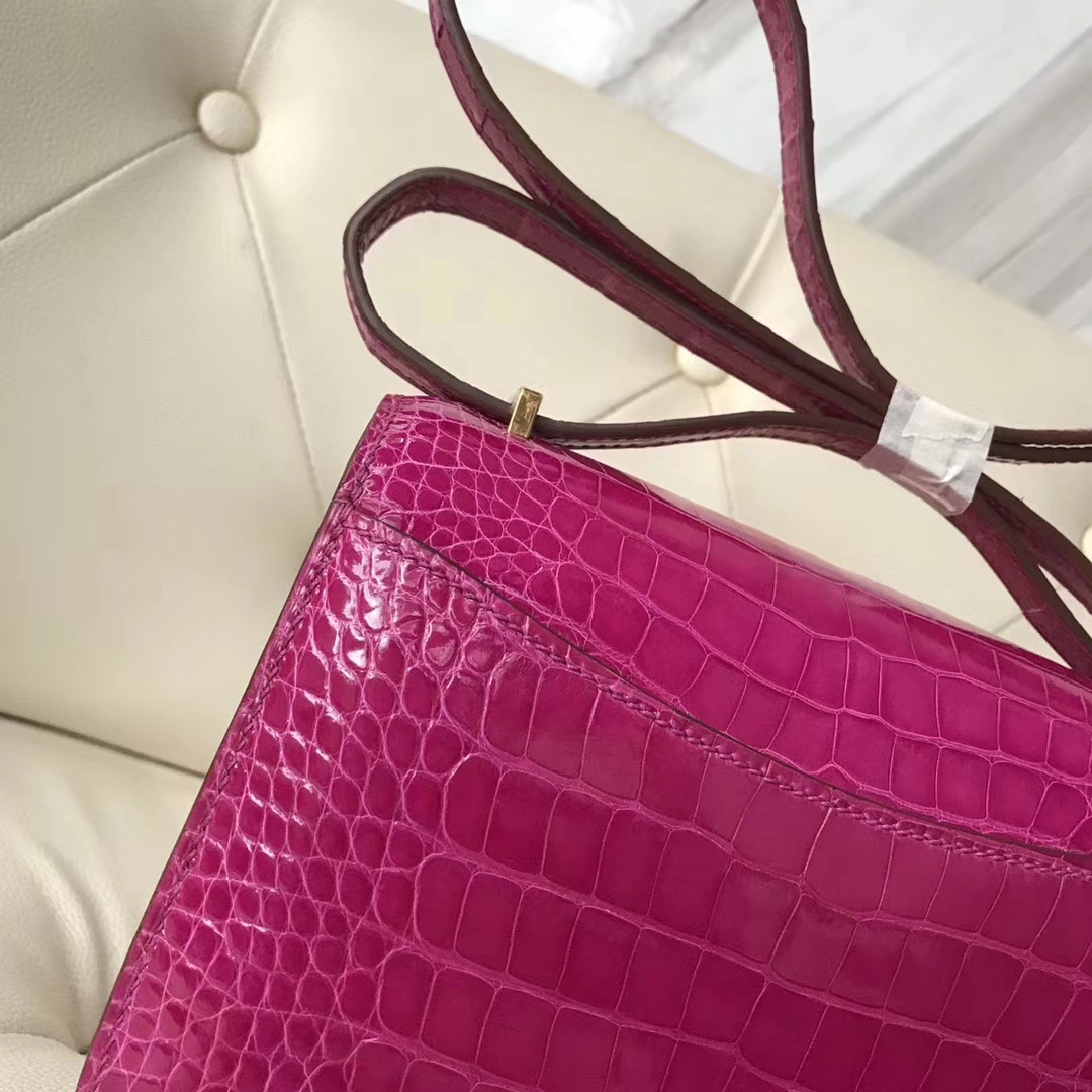 Pretty Hermes J5 Rose Scheherazade Shiny Crocodile Leather Constance Bag18CM Gold Hardware