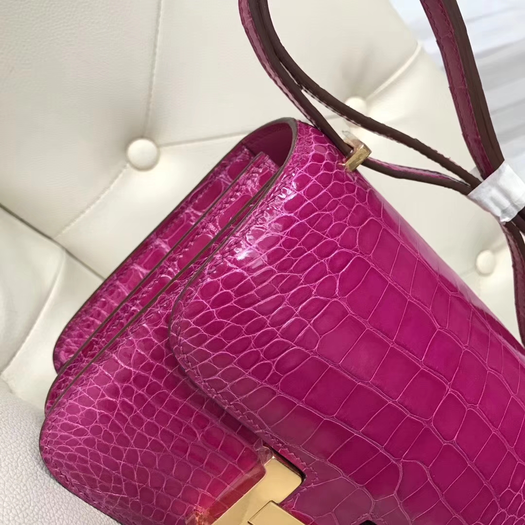 Pretty Hermes J5 Rose Scheherazade Shiny Crocodile Leather Constance Bag18CM Gold Hardware