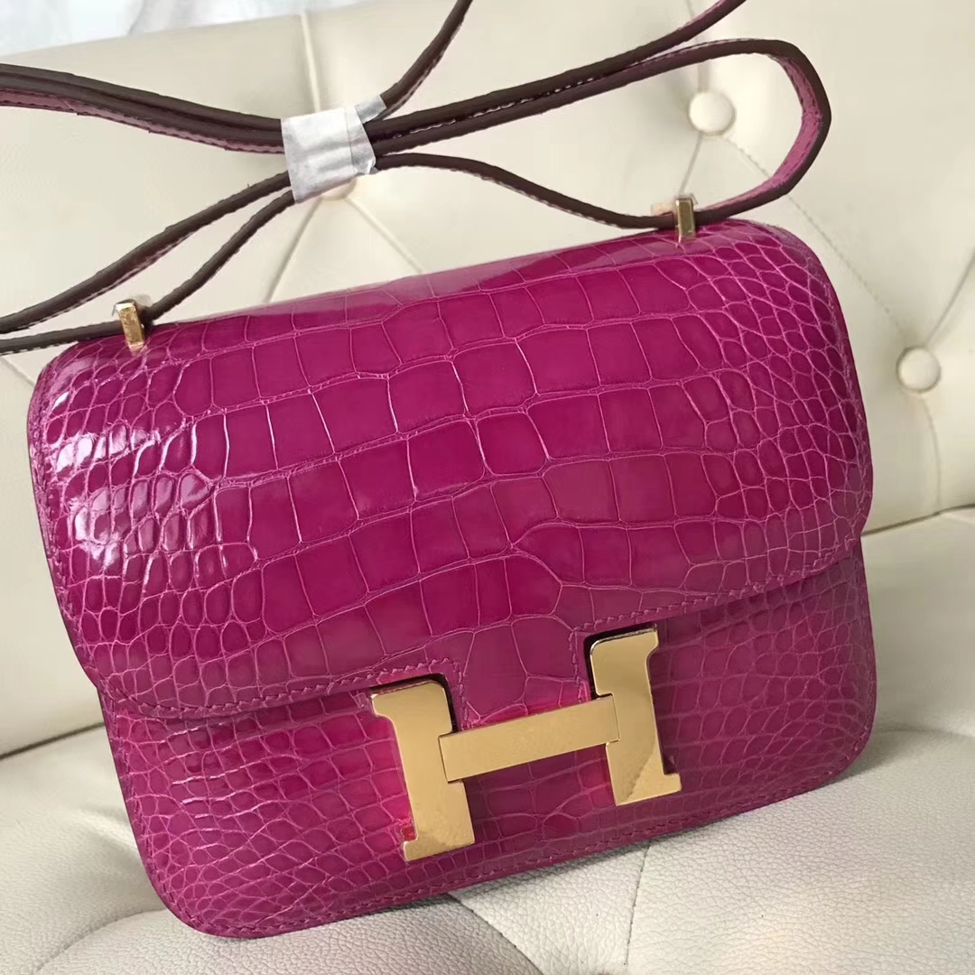 Pretty Hermes J5 Rose Scheherazade Shiny Crocodile Leather Constance Bag18CM Gold Hardware