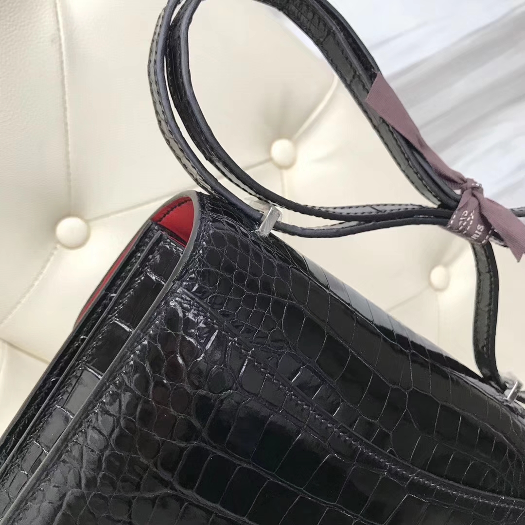 New Hermes CK89 Black Alligator Shiny Crocodile Constance18CM Bag Lizard Silver Hardware