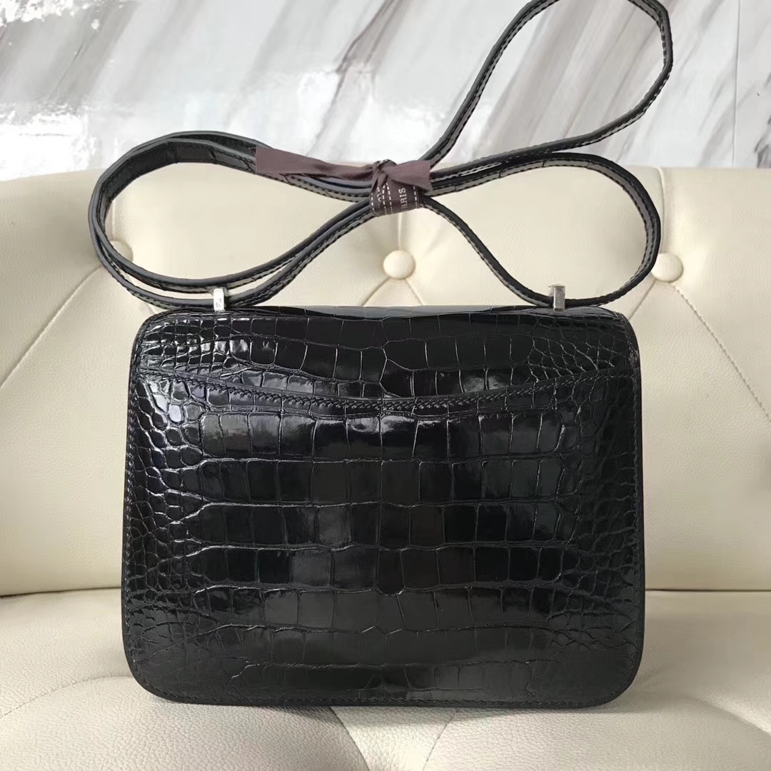 New Hermes CK89 Black Alligator Shiny Crocodile Constance18CM Bag Lizard Silver Hardware