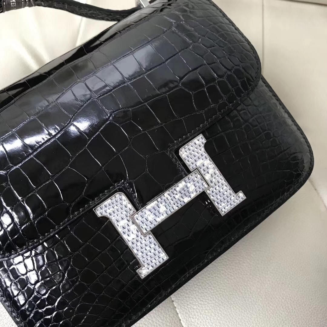 New Hermes CK89 Black Alligator Shiny Crocodile Constance18CM Bag Lizard Silver Hardware