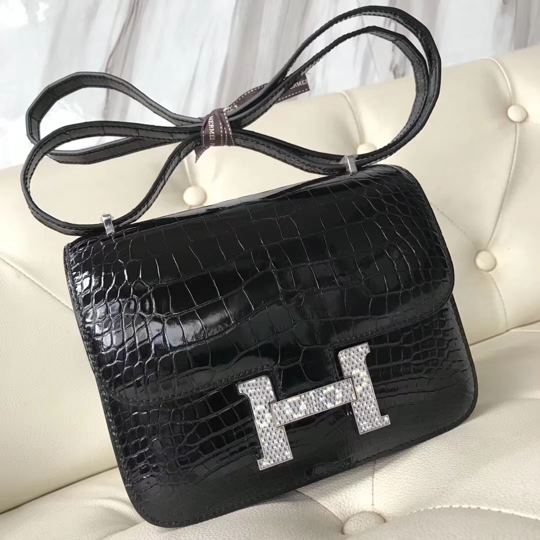 New Hermes CK89 Black Alligator Shiny Crocodile Constance18CM Bag Lizard Silver Hardware