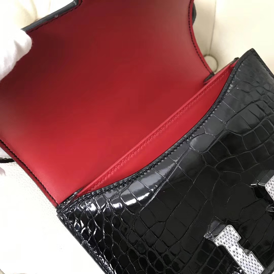 New Hermes CK89 Black Alligator Shiny Crocodile Constance18CM Bag Lizard Silver Hardware