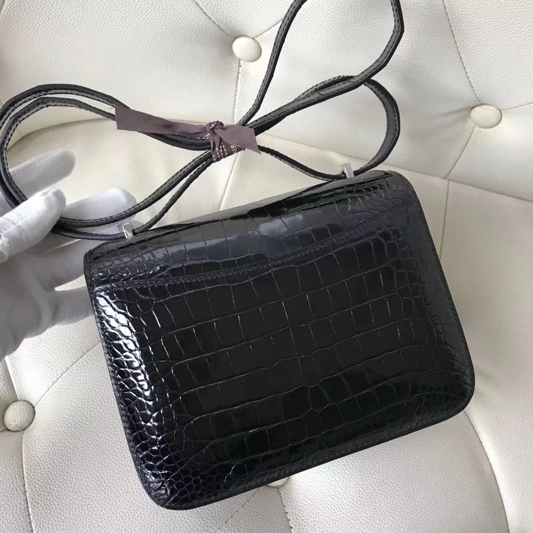 New Hermes CK89 Black Alligator Shiny Crocodile Constance18CM Bag Lizard Silver Hardware