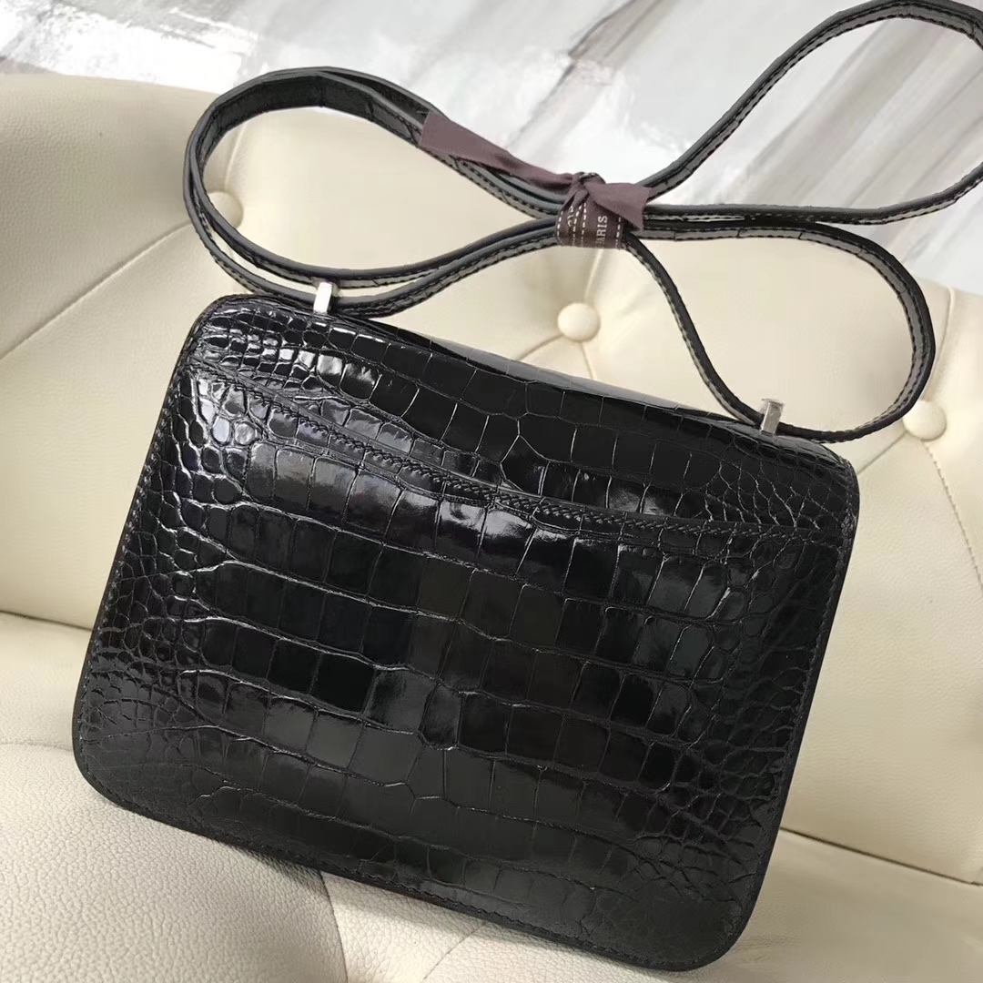 New Hermes CK89 Black Alligator Shiny Crocodile Constance18CM Bag Lizard Silver Hardware