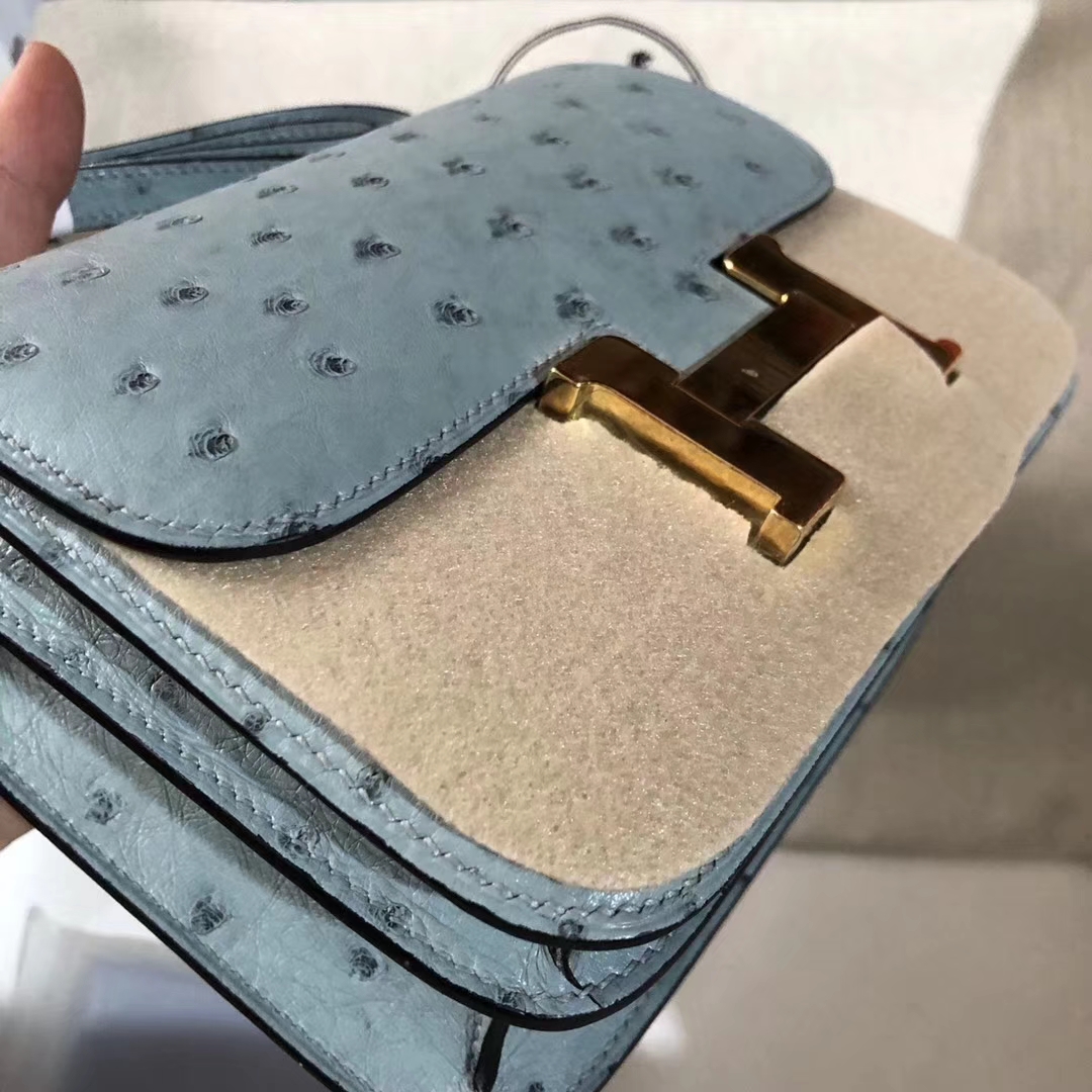 Wholesale Hermes 8U Blue Glacier Ostrich Leather Constance Bag19CM Gold Hardware