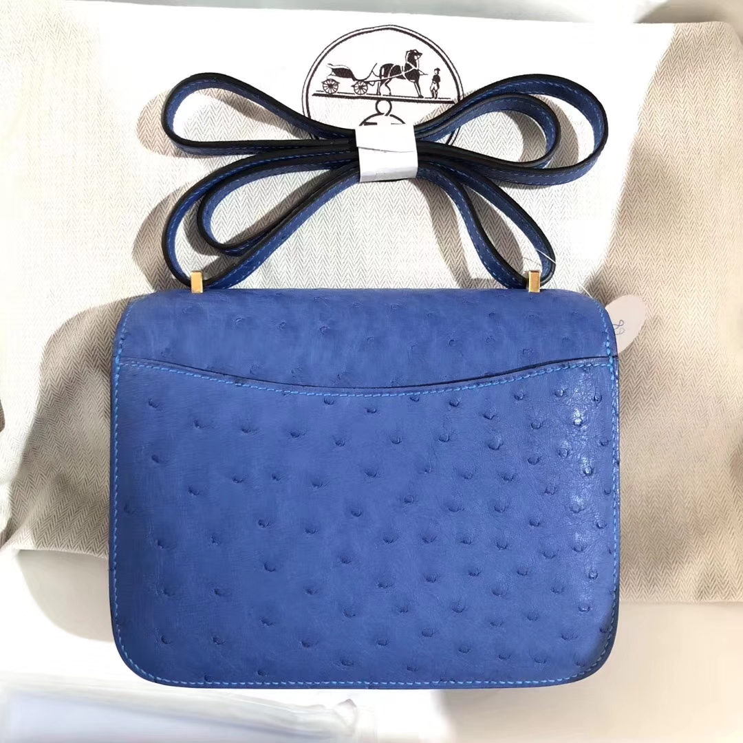 Luxury Hermes Ostrich Leather Constance Shoulder Bag19CM in 7Q Blue Mykonos