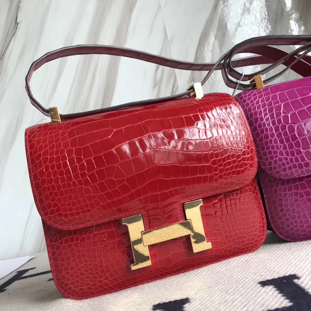 Pretty Hermes J5 Rose Scheherazade/CK95 Braise Shiny Crocodile Constance Bag24CM Gold Hardware