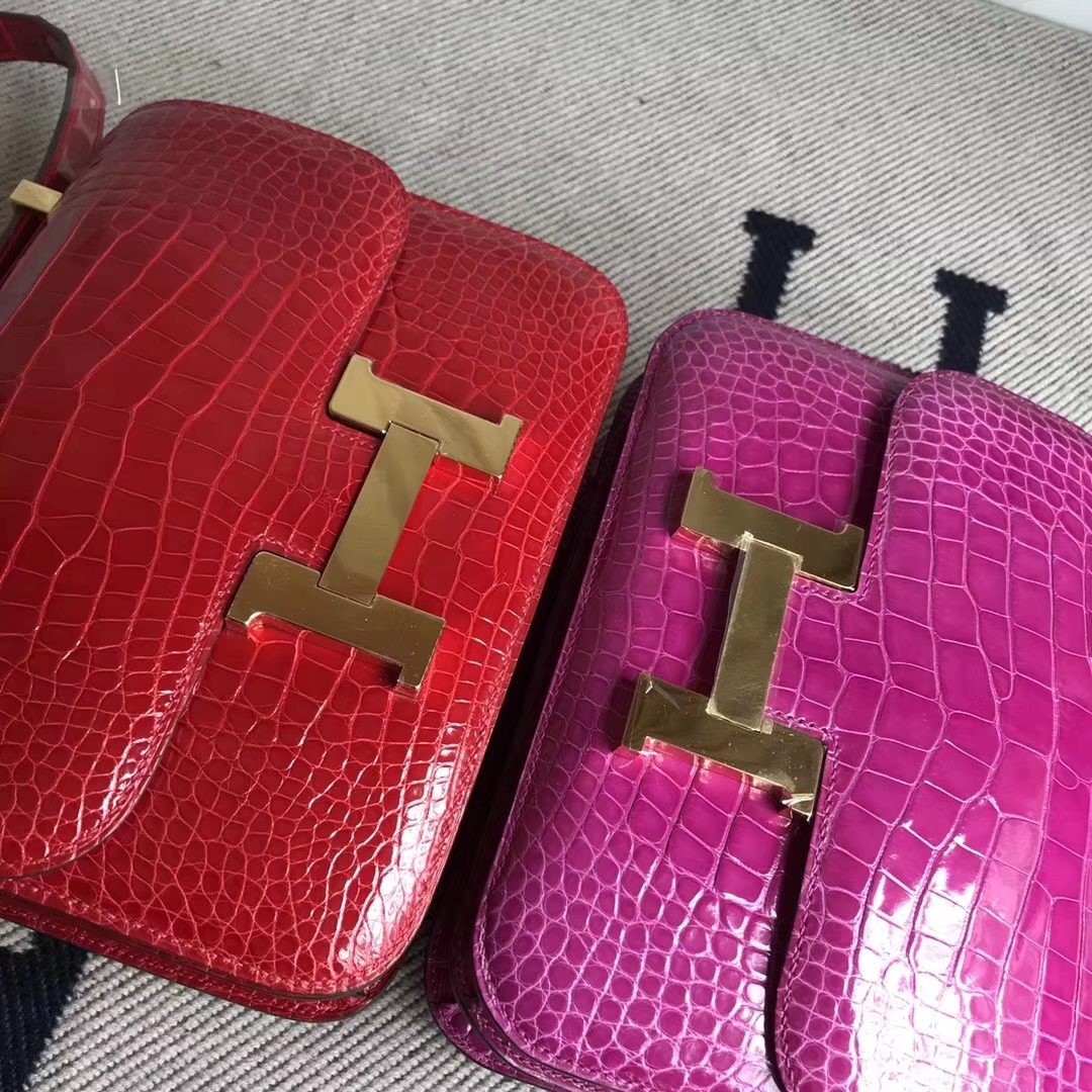 Pretty Hermes J5 Rose Scheherazade/CK95 Braise Shiny Crocodile Constance Bag24CM Gold Hardware