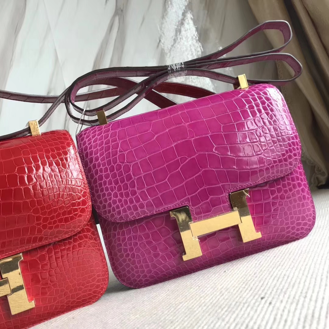 Pretty Hermes J5 Rose Scheherazade/CK95 Braise Shiny Crocodile Constance Bag24CM Gold Hardware