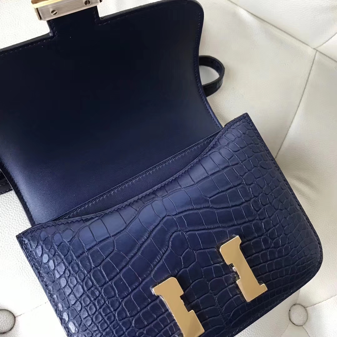 Fashion Hermes 7K Blue Saphir Matt Alligator Crocodile Constance Bag19CM Gold Hardware