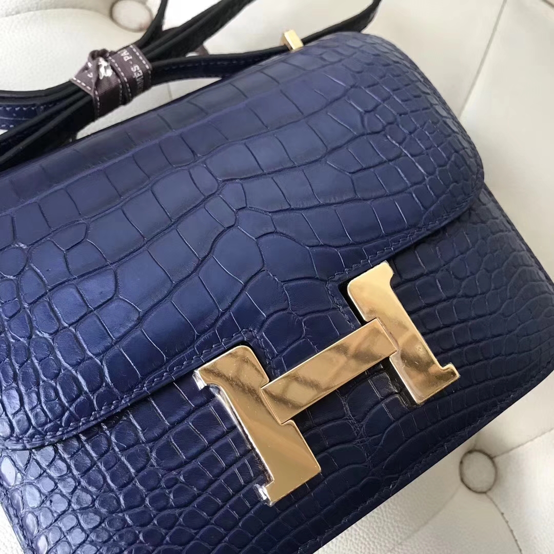 Fashion Hermes 7K Blue Saphir Matt Alligator Crocodile Constance Bag19CM Gold Hardware