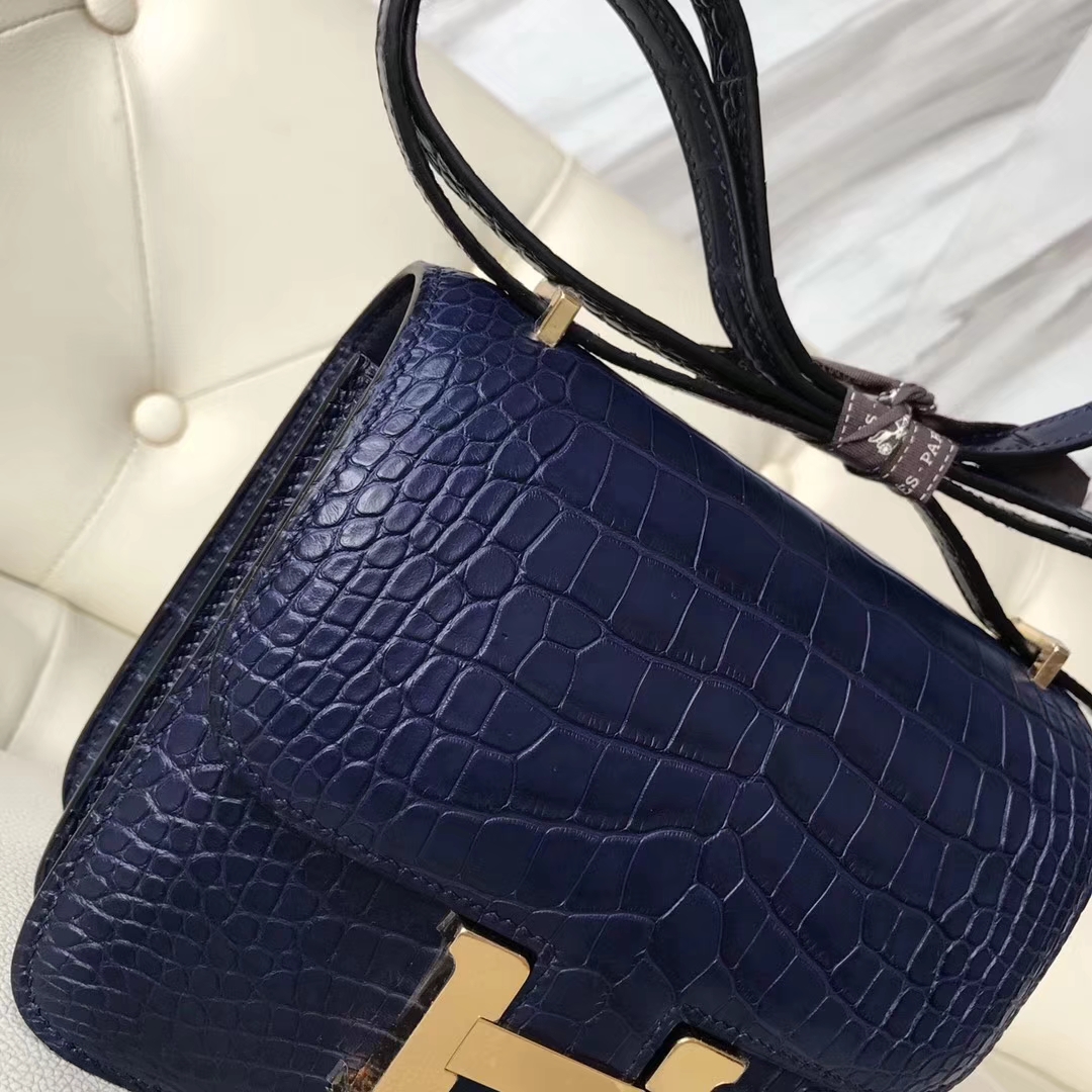 Fashion Hermes 7K Blue Saphir Matt Alligator Crocodile Constance Bag19CM Gold Hardware