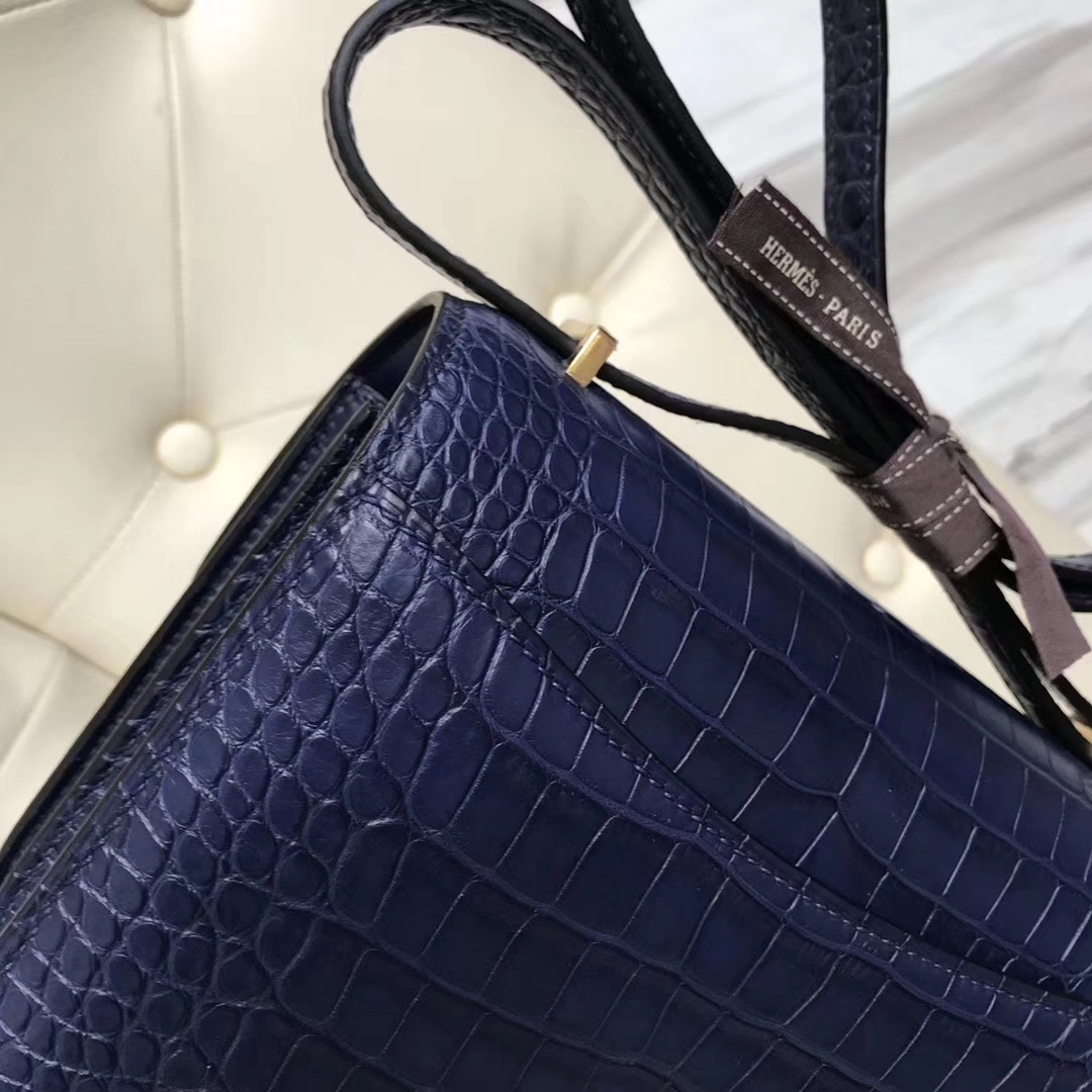 Fashion Hermes 7K Blue Saphir Matt Alligator Crocodile Constance Bag19CM Gold Hardware