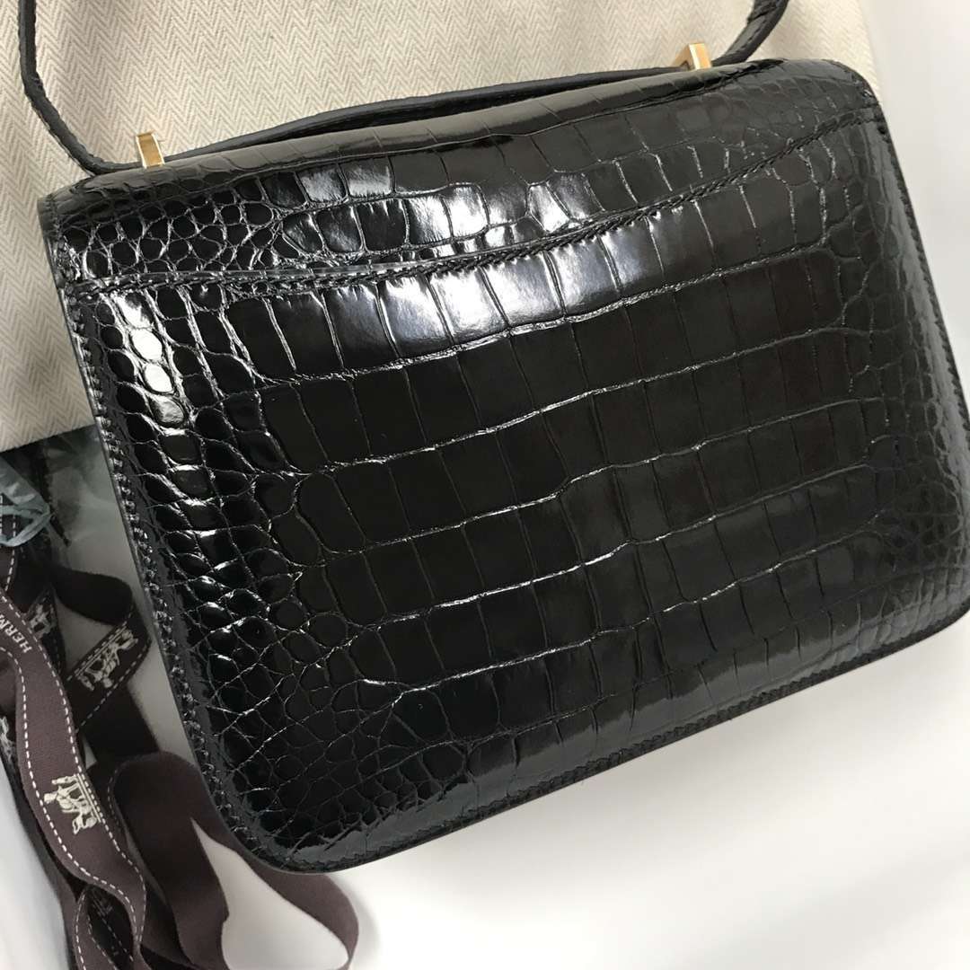 Sale Hermes CK89 Black Shiny Crocodile Leather Constance Bag18CM Gold Hardware