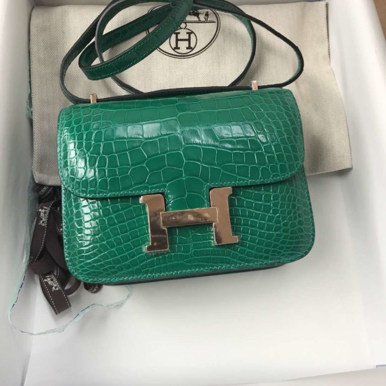 Hermes 6Q Emerald Green Shiny Crocodile Leather Constance 18CM Bag Rose Gold Hardware