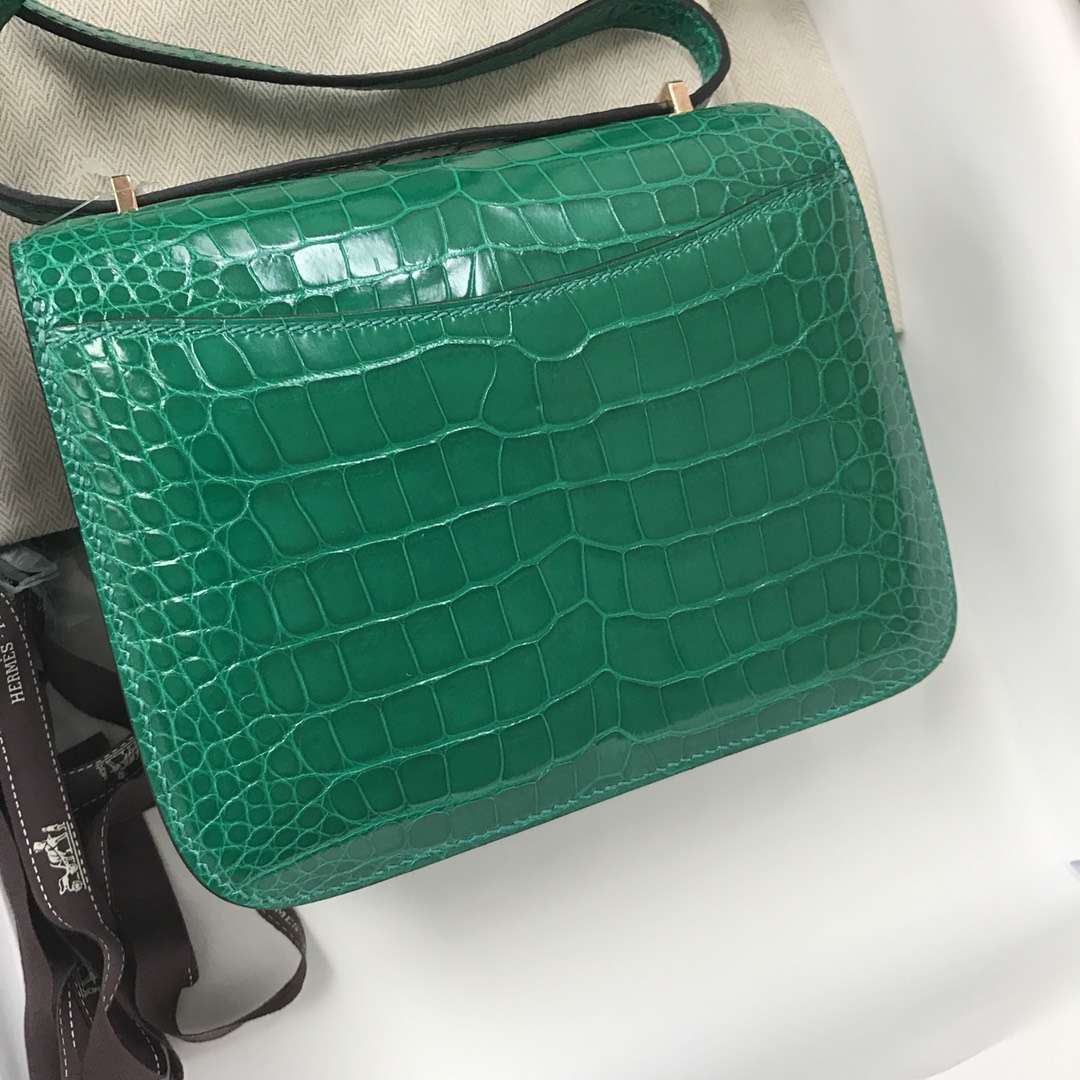 Luxury Hermes 6Q Emerald Green Shiny Crocodile Leather Constance18CM Bag Rose Gold Hardware